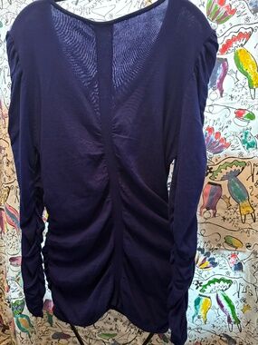 V neck tunic sweater with gathered  bodice and sleeve